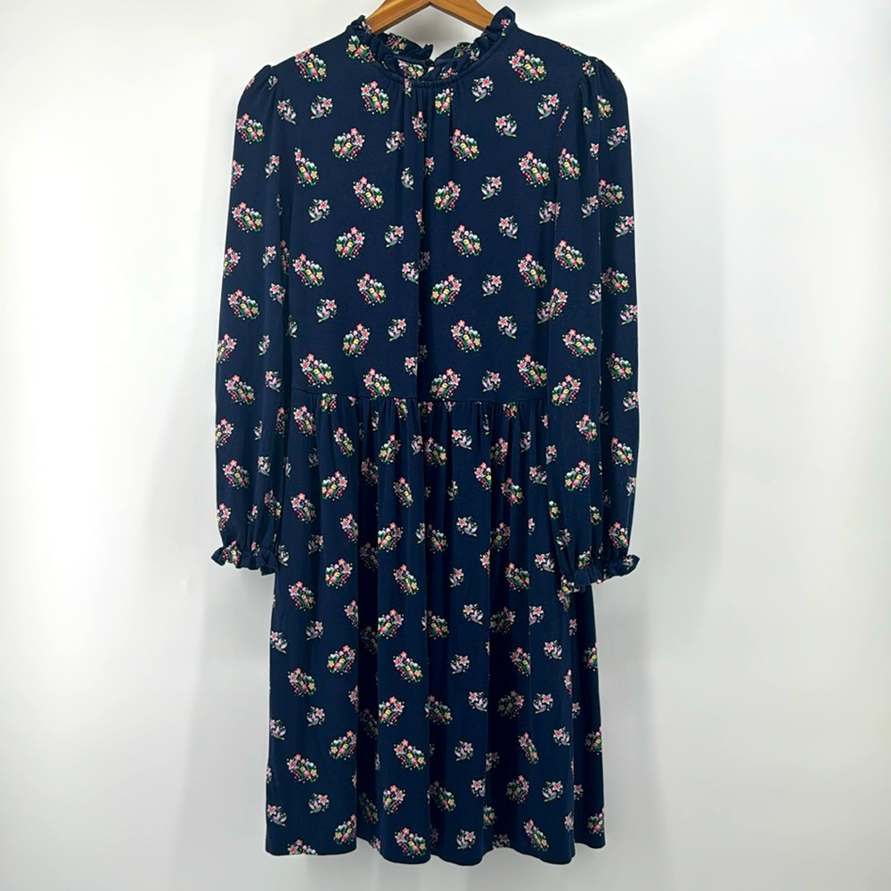 Boden Navy Pretty Bird Floral Clara Long Sleeve Ruffle Neck Jersey Dress - Picture 5 of 9